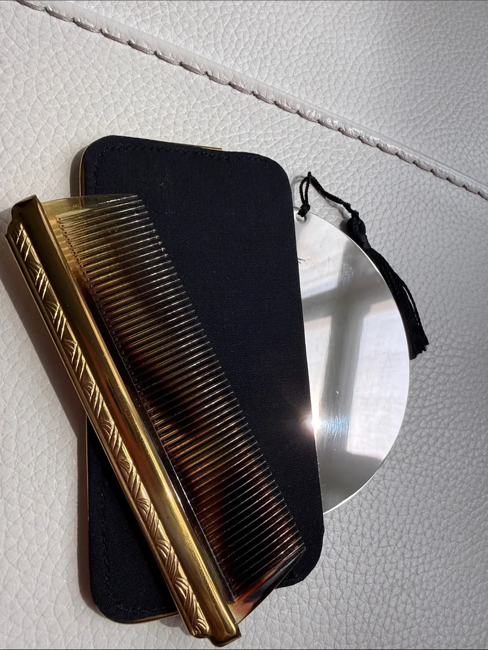 Vintage Black Floral Embroidered Compact Mirror and Comb Set